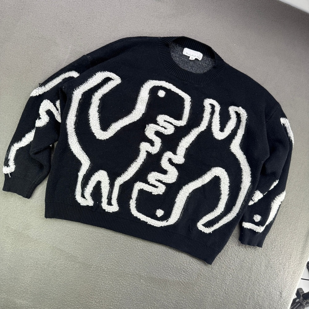 Threaded Leaf Dinosaur Sweater Unisex XL Cozy Graphic Crewneck Knit Black White - Picture 3 of 8